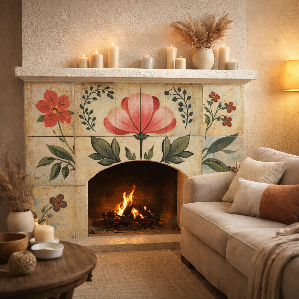 Pink And Green Floral Peel And Stick Vinyl Tiles (24 Tiles/Set)