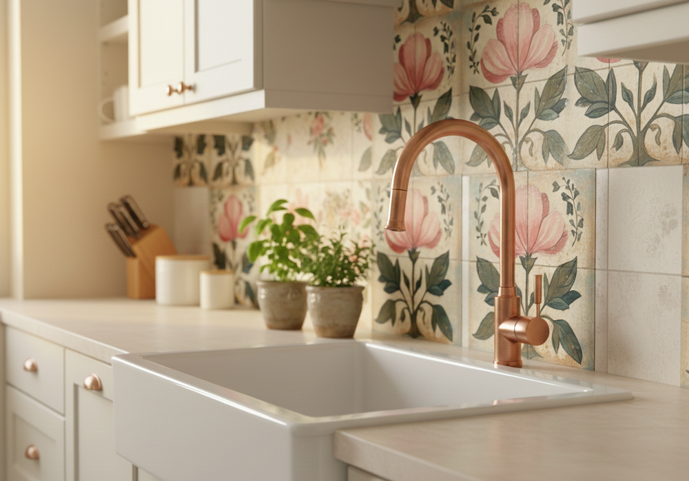 Botanical tiles installed in kitchen backsplash
