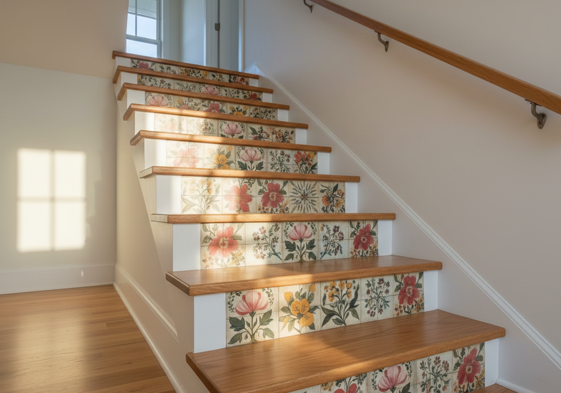 Pink And Green Floral Peel And Stick Vinyl Tiles (24 Tiles/Set)