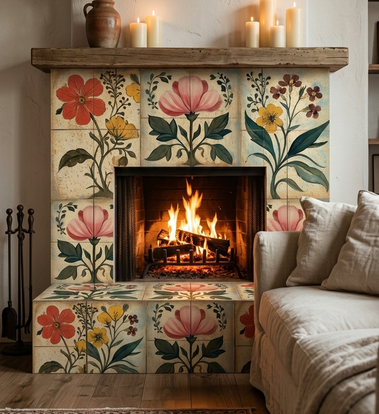 Pink And Green Floral Peel And Stick Vinyl Tiles (24 Tiles/Set)