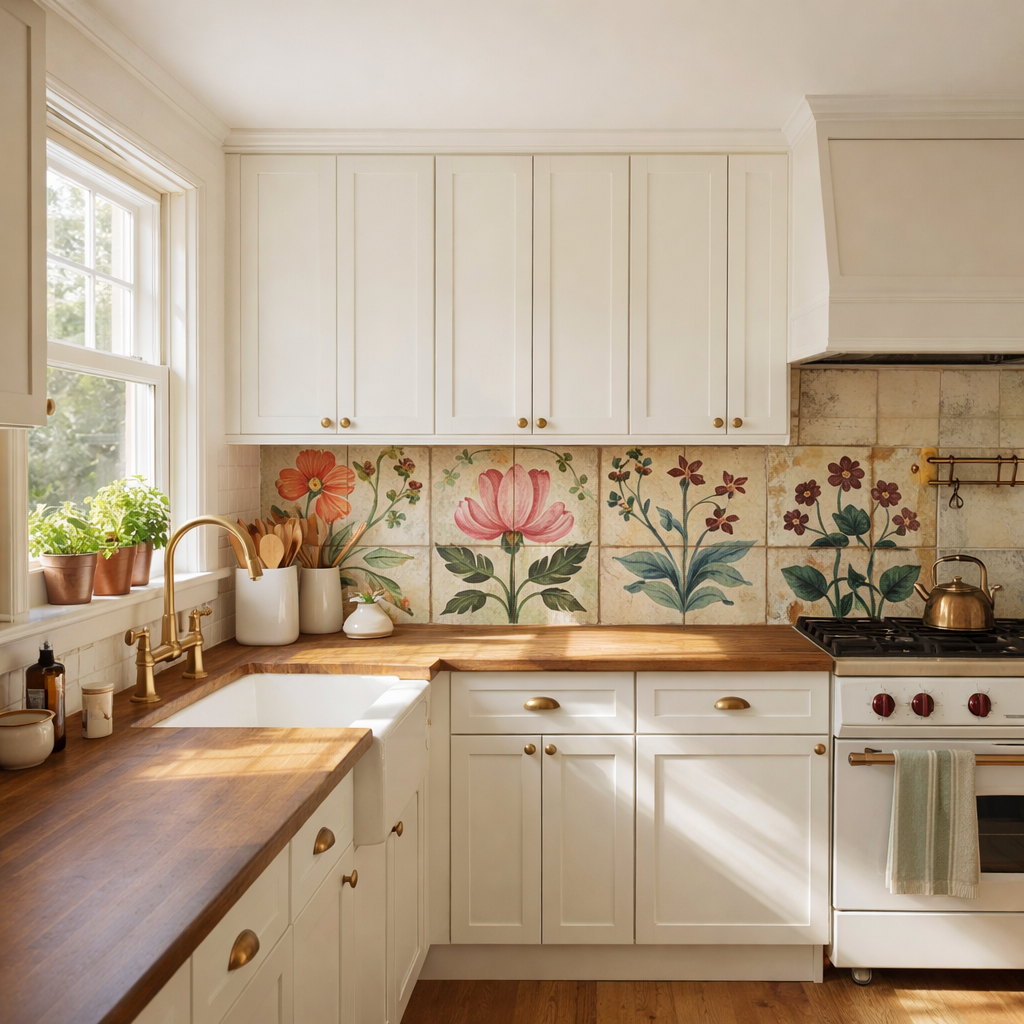 Pink And Green Floral Peel And Stick Vinyl Tiles (24 Tiles/Set)