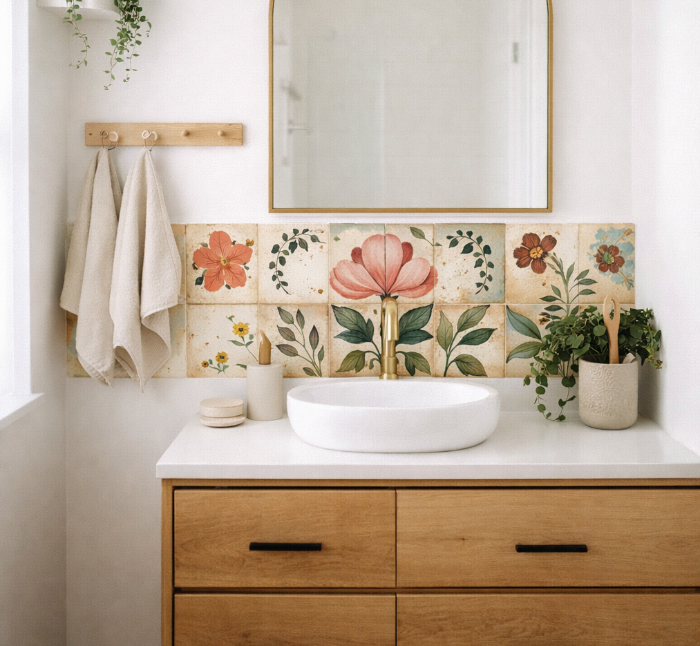 Pink And Green Floral Peel And Stick Vinyl Tiles (24 Tiles/Set)