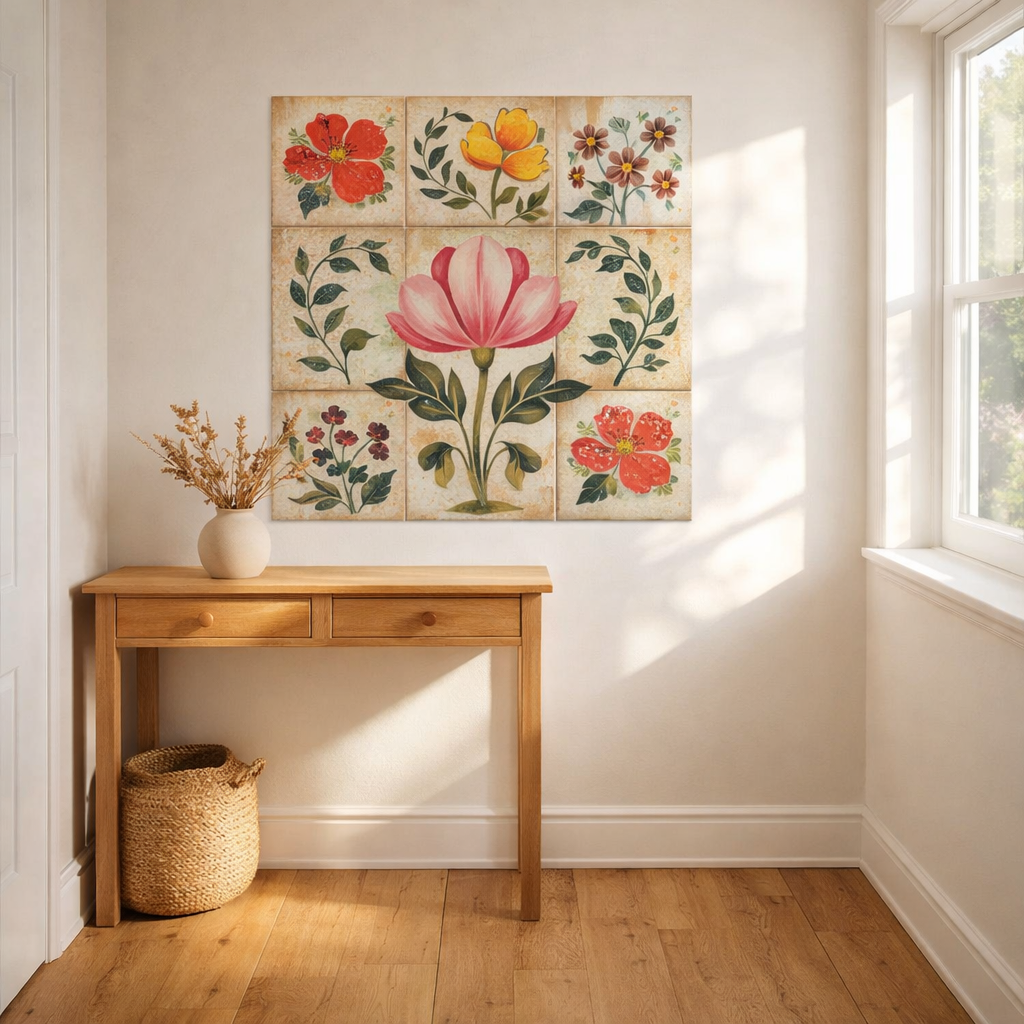 Pink And Green Floral Peel And Stick Vinyl Tiles (24 Tiles/Set)