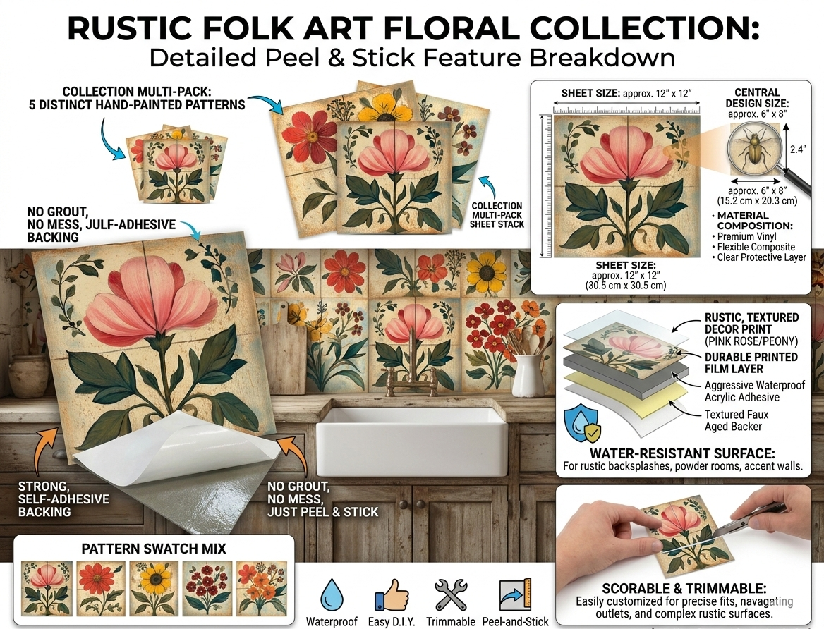 Pink And Green Floral Peel And Stick Vinyl Tiles (24 Tiles/Set)