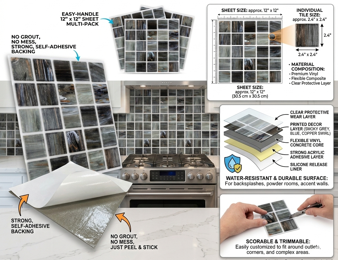 Modern Black & Gold Marble Mosaic Peel And Stick Vinyl Tiles (24 Tiles/Set)