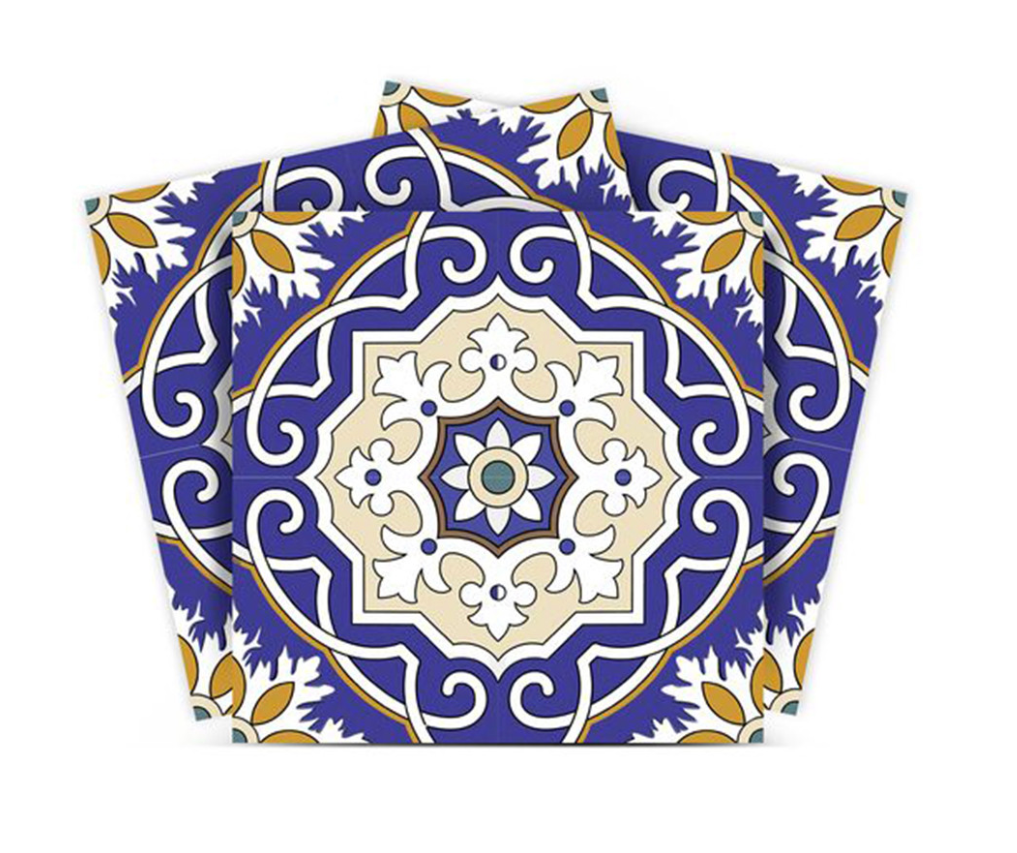 Blue White and Gold Mosaic Removable Vinyl Tiles (24 Tiles/Set)