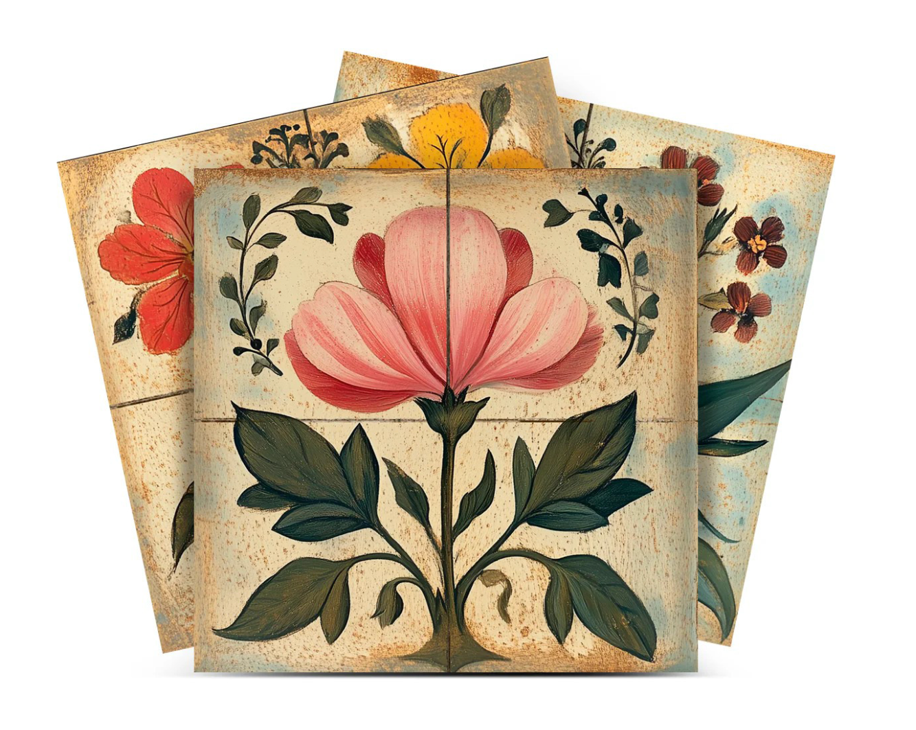 Pink And Green Floral Peel And Stick Vinyl Tiles (24 Tiles/Set)