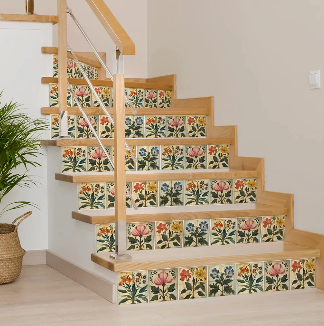 Pink And Green Floral Peel And Stick Vinyl Tiles (24 Tiles/Set)