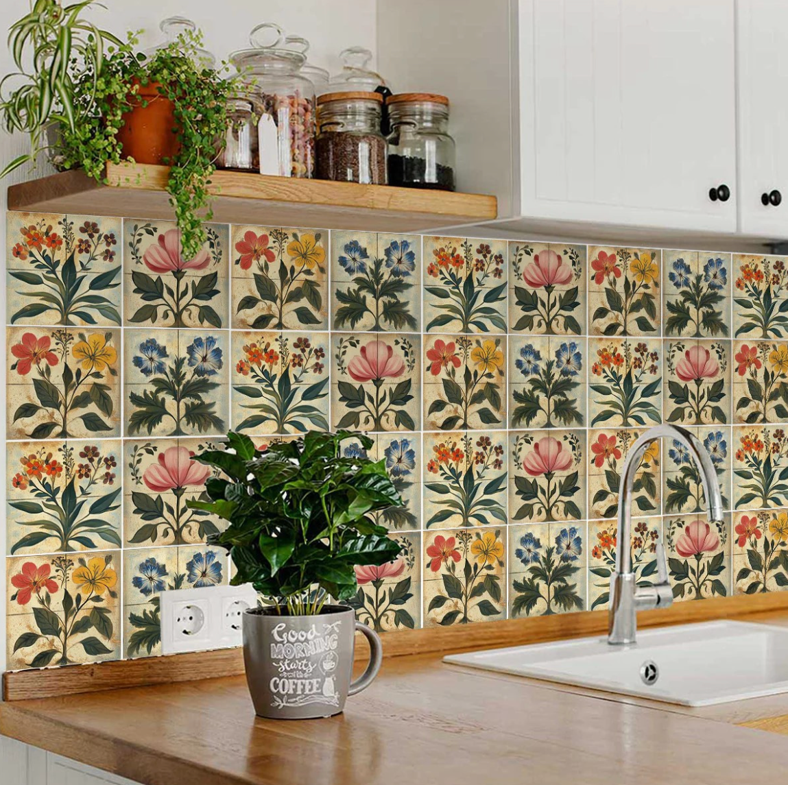 Pink And Green Floral Peel And Stick Vinyl Tiles (24 Tiles/Set)
