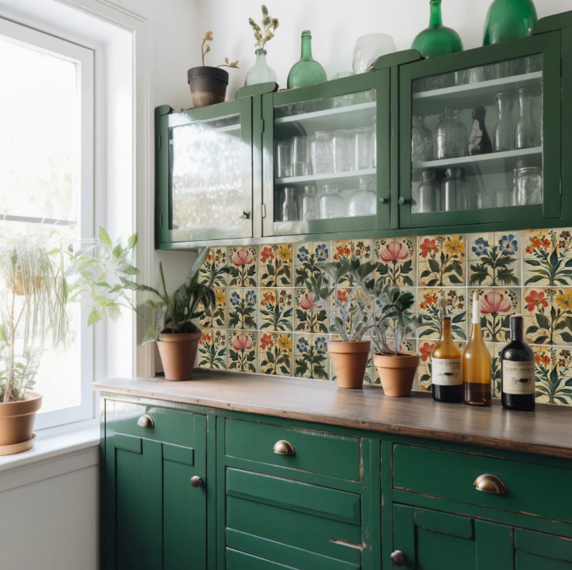 Pink And Green Floral Peel And Stick Vinyl Tiles (24 Tiles/Set)