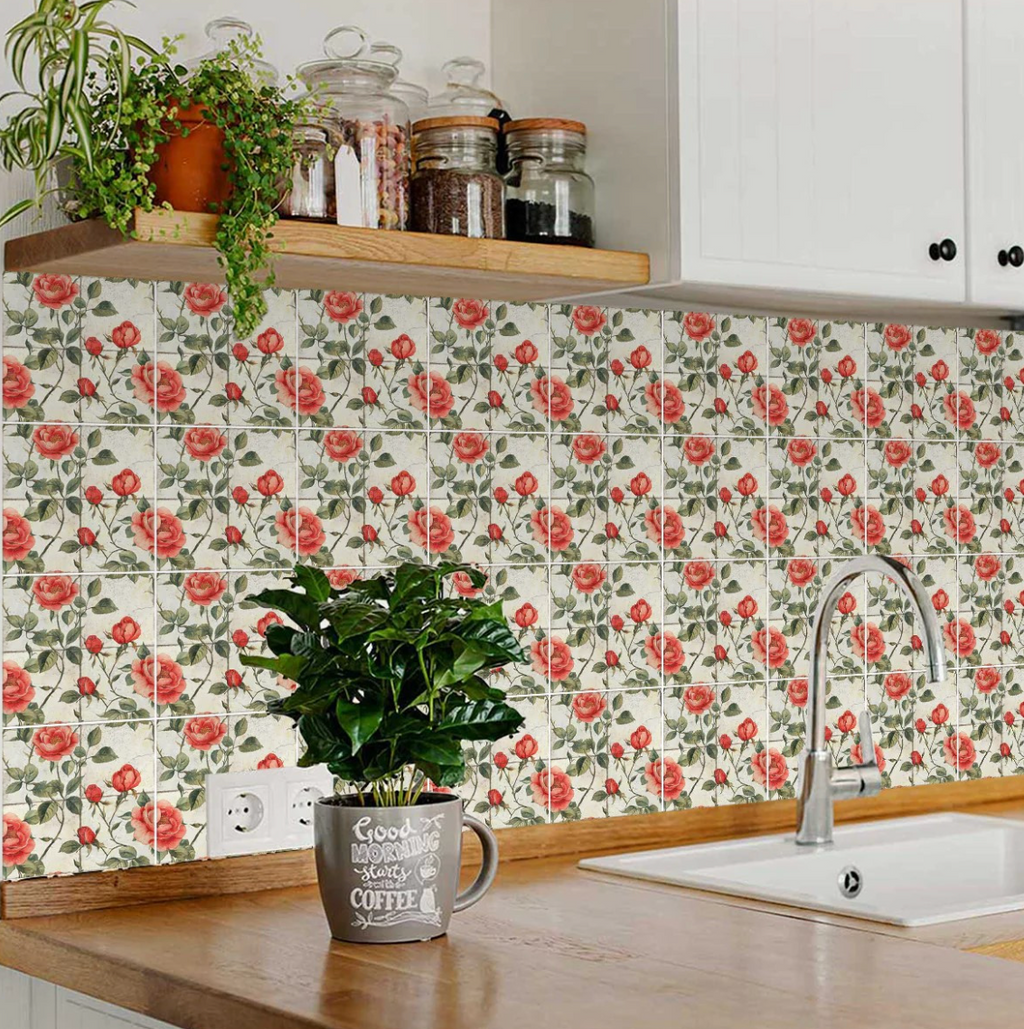 Red And Green Vinyl Arabesque Peel And Stick Removable Tiles (24 Tiles/Set)