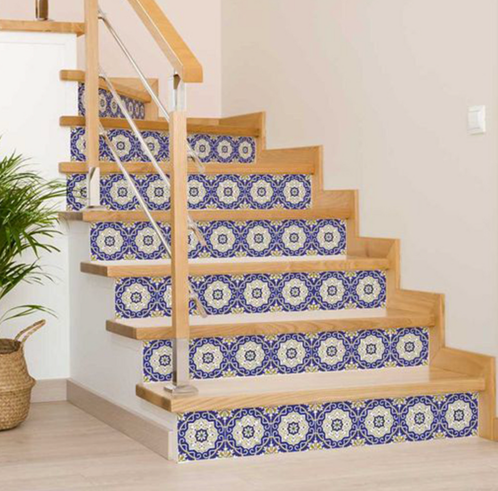 Blue White and Gold Mosaic Removable Vinyl Tiles (24 Tiles/Set)