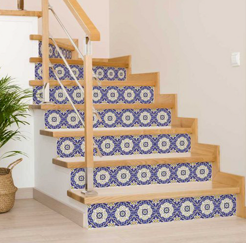 Blue White and Gold Mosaic Removable Vinyl Tiles (24 Tiles/Set)