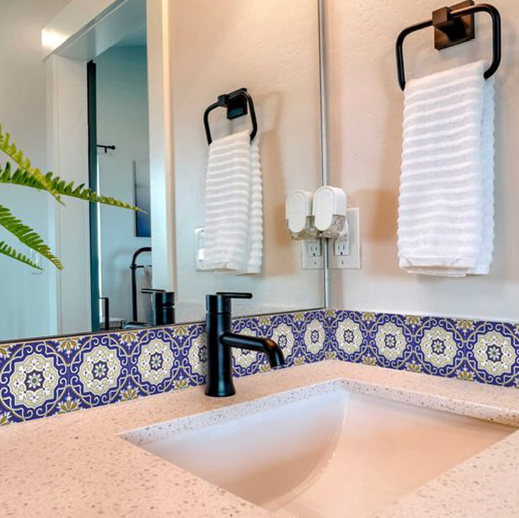 Blue White and Gold Mosaic Removable Vinyl Tiles (24 Tiles/Set)