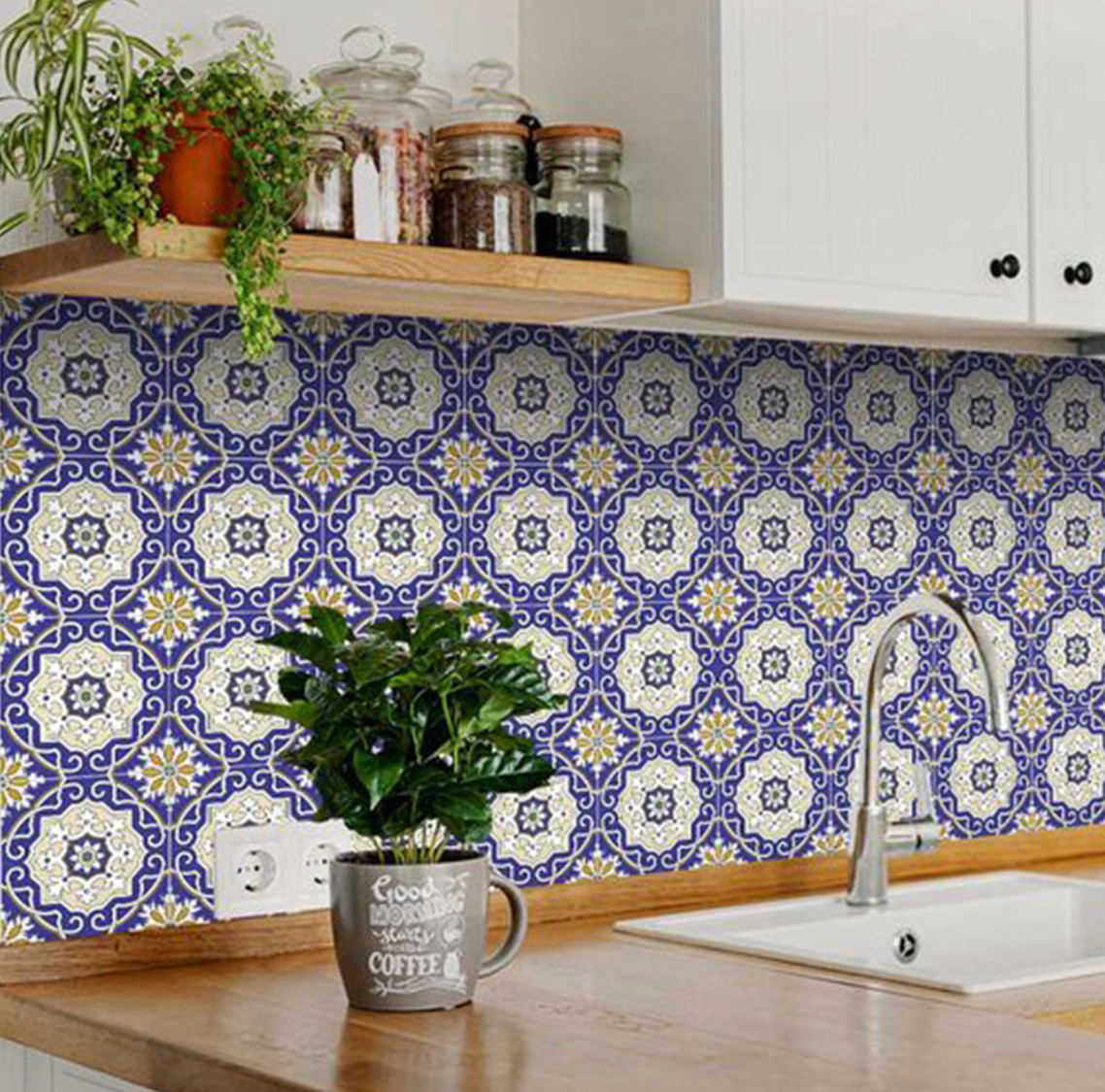 Blue White and Gold Mosaic Removable Vinyl Tiles (24 Tiles/Set)