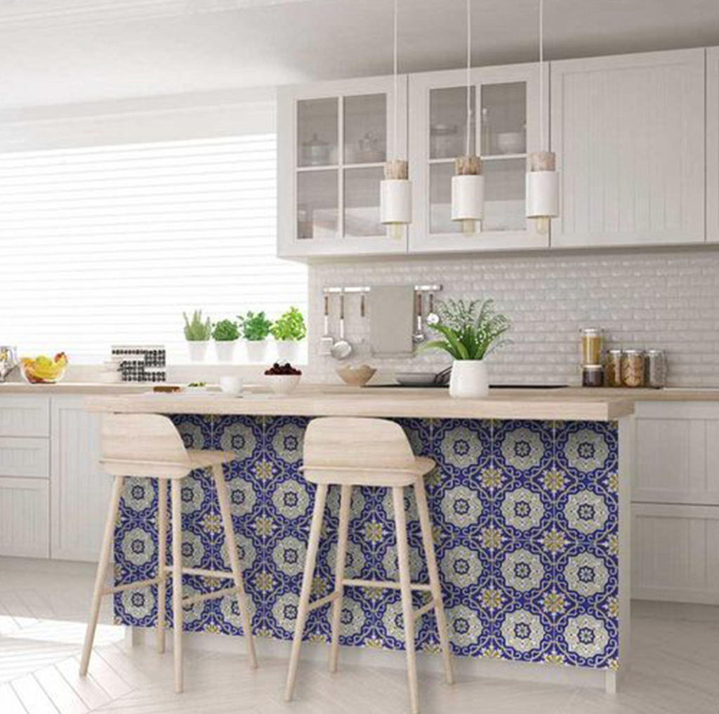 Blue White and Gold Mosaic Removable Vinyl Tiles (24 Tiles/Set)
