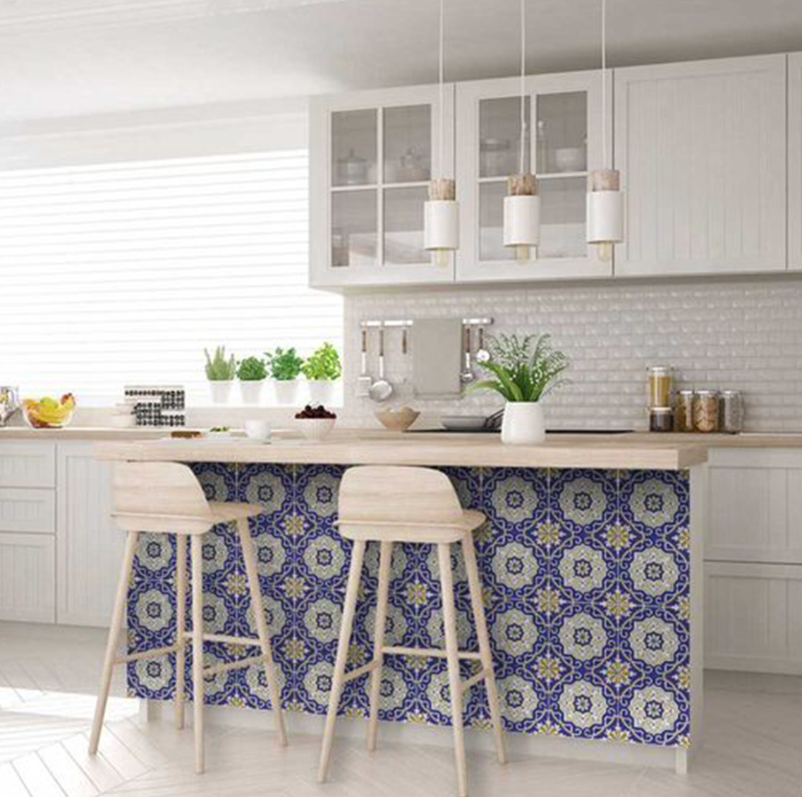 Blue White and Gold Mosaic Removable Vinyl Tiles (24 Tiles/Set)