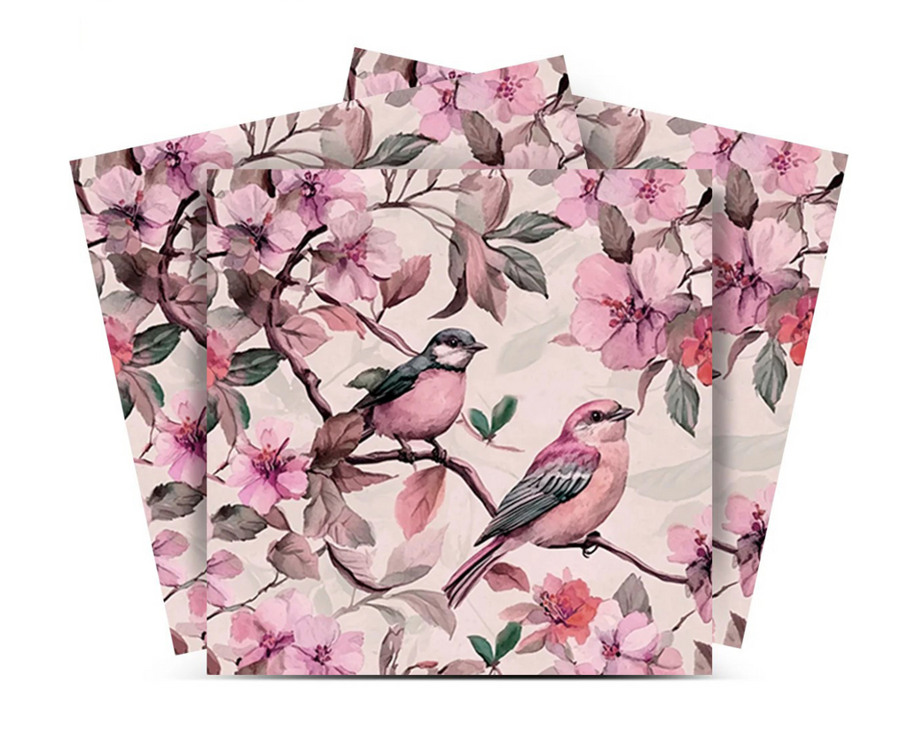 Pink Cherry Blossom Botanical Bird Peel & Stick Vinyl Tiles (24 Tiles/Set)