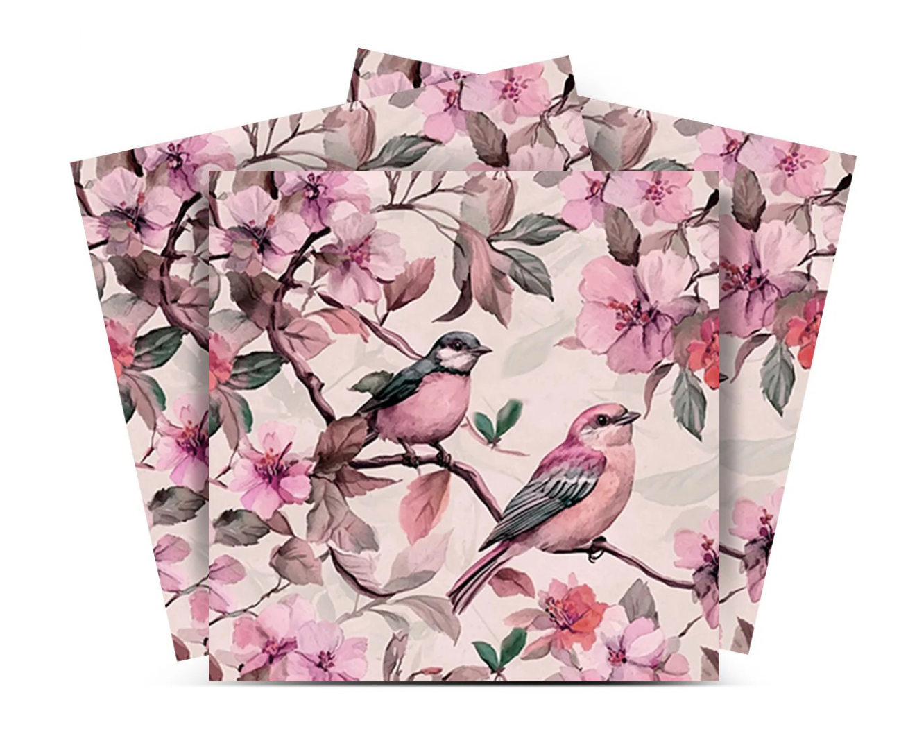 Pink Cherry Blossom Botanical Bird Peel & Stick Vinyl Tiles (24 Tiles/Set)