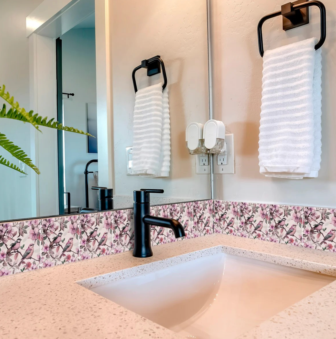 Pink Cherry Blossom Botanical Bird Peel & Stick Vinyl Tiles (24 Tiles/Set)
