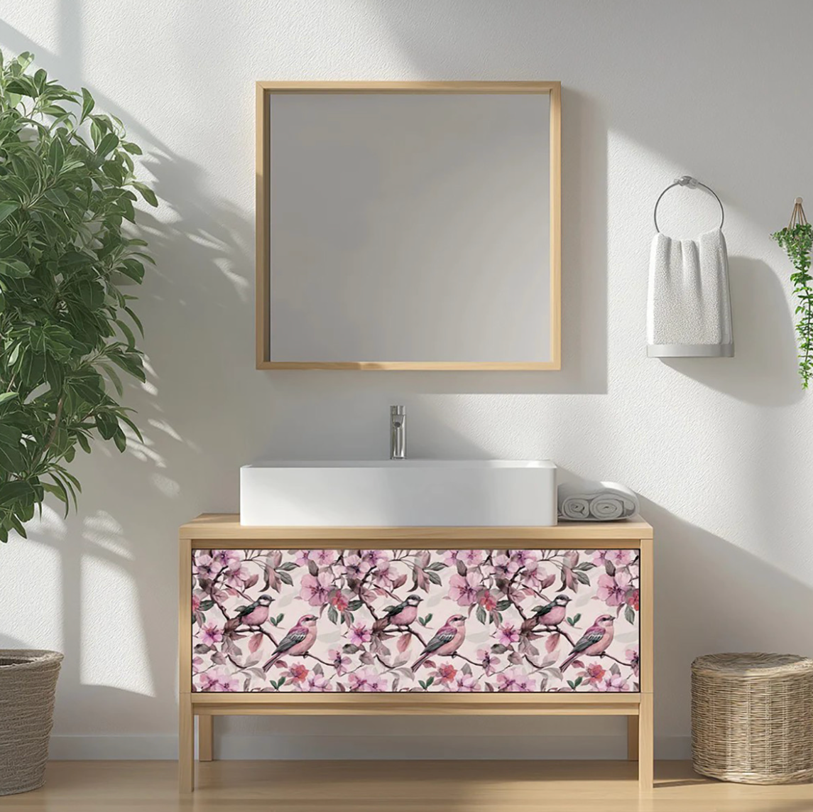 Pink Cherry Blossom Botanical Bird Peel & Stick Vinyl Tiles (24 Tiles/Set)