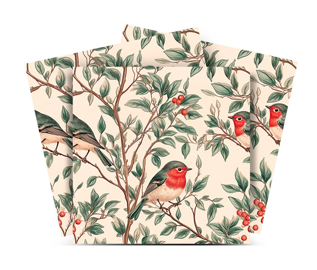 Green And Red Vintage Bird Botanical Peel & Stick Vinyl Tiles (24 Tiles/Set)