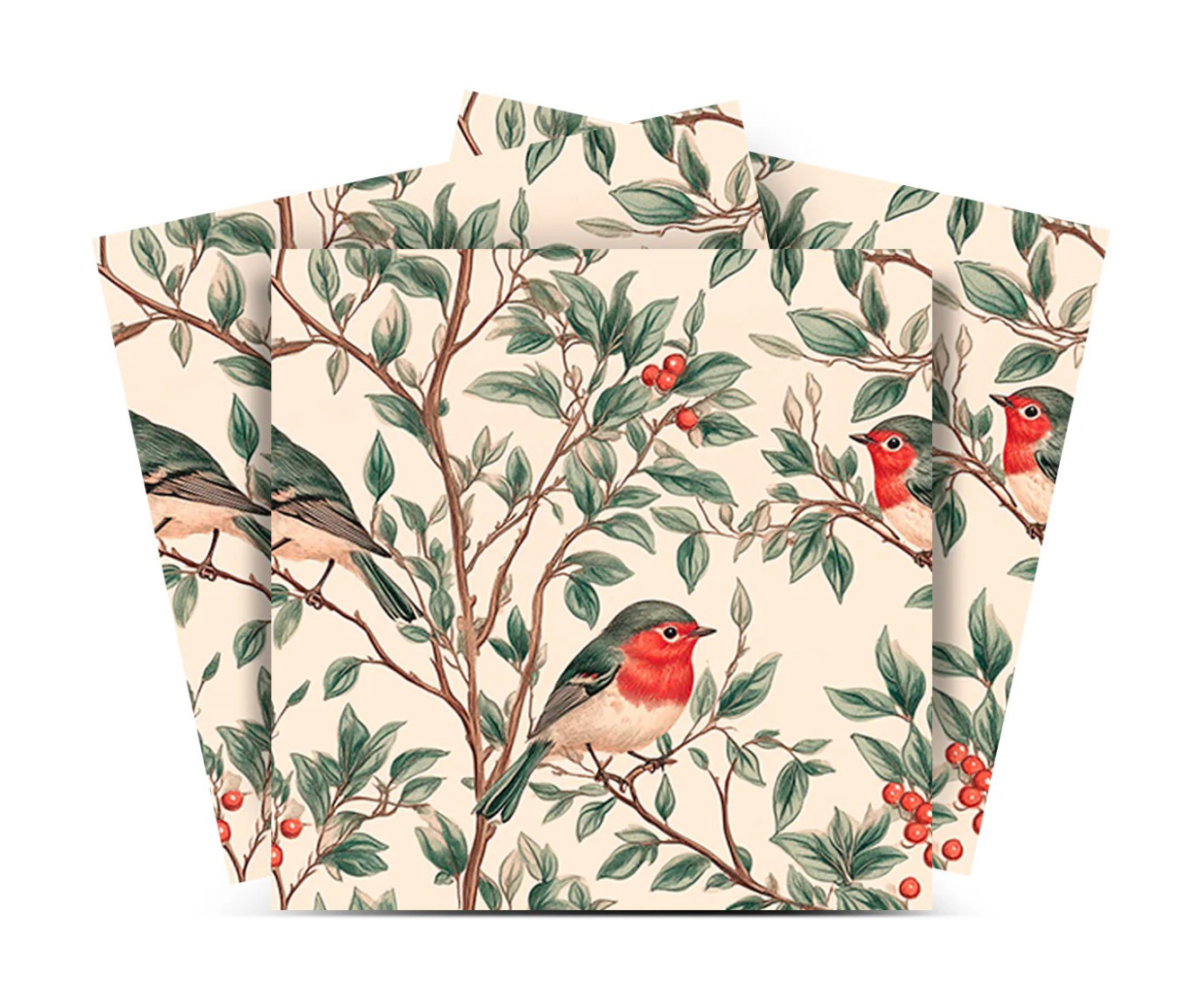 Green And Red Vintage Bird Botanical Peel & Stick Vinyl Tiles (24 Tiles/Set)