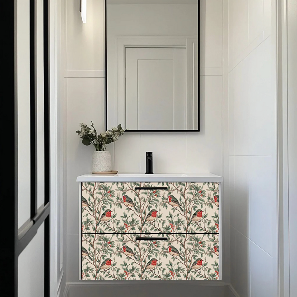 Green And Red Vintage Bird Botanical Peel & Stick Vinyl Tiles (24 Tiles/Set)
