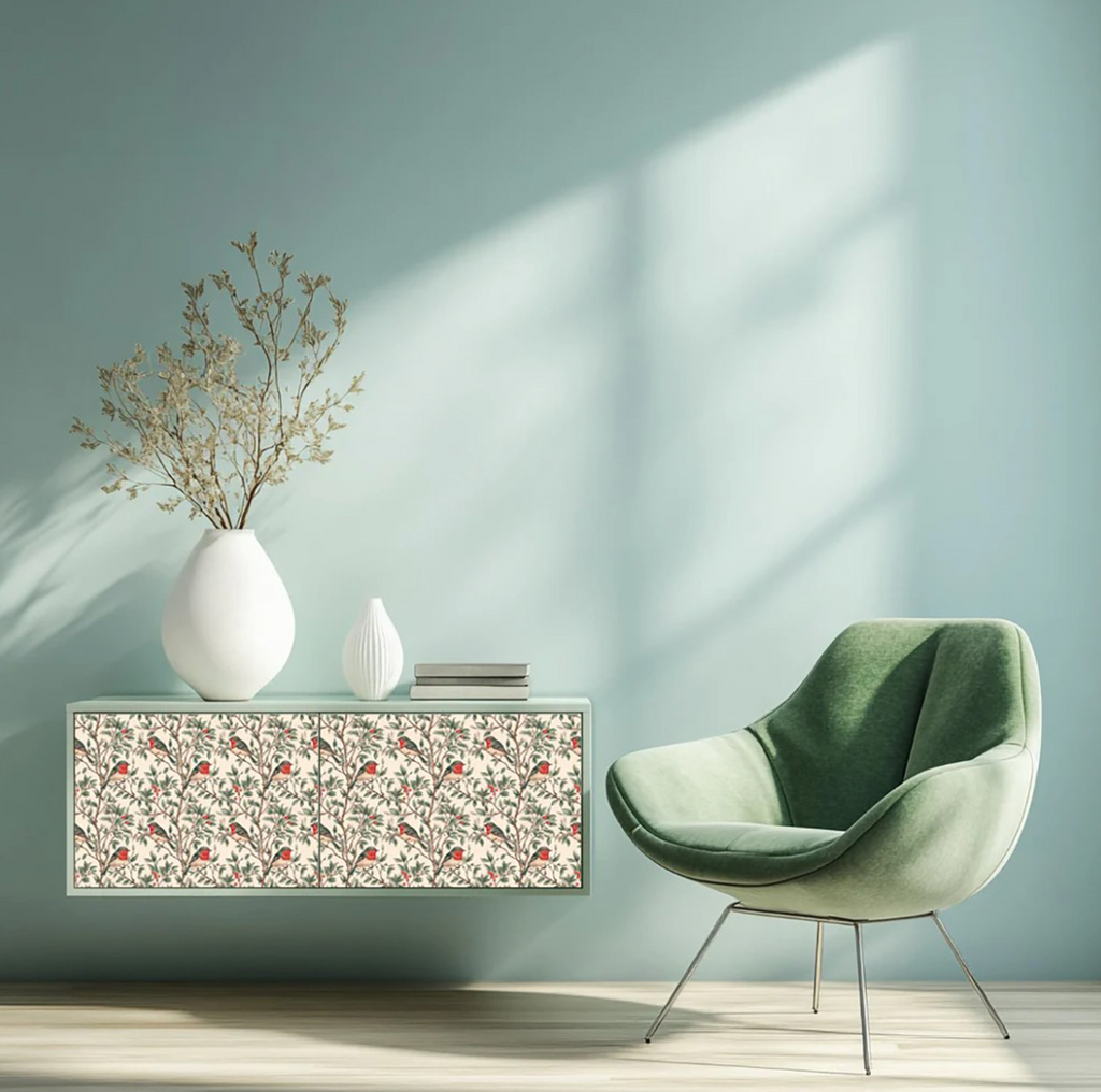 Green And Red Vintage Bird Botanical Peel & Stick Vinyl Tiles (24 Tiles/Set)