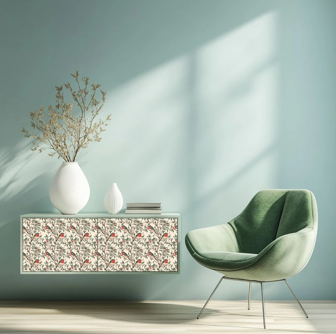Green And Red Vintage Bird Botanical Peel & Stick Vinyl Tiles (24 Tiles/Set)