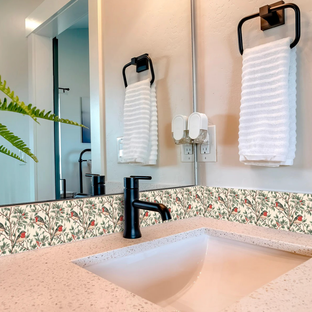 Green And Red Vintage Bird Botanical Peel & Stick Vinyl Tiles (24 Tiles/Set)