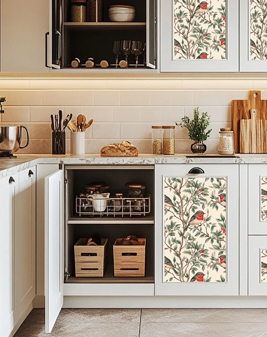 Green And Red Vintage Bird Botanical Peel & Stick Vinyl Tiles (24 Tiles/Set)