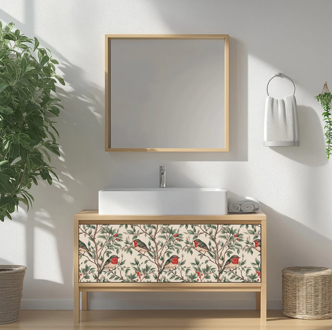 Green And Red Vintage Bird Botanical Peel & Stick Vinyl Tiles (24 Tiles/Set)