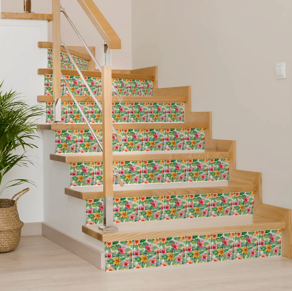 Watercolor Tropical Floral Peel & Stick Vinyl Tiles (24 Tiles/Set)