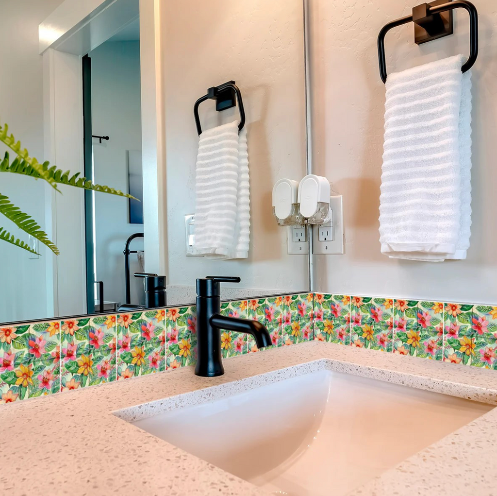 Watercolor Tropical Floral Peel & Stick Vinyl Tiles (24 Tiles/Set)