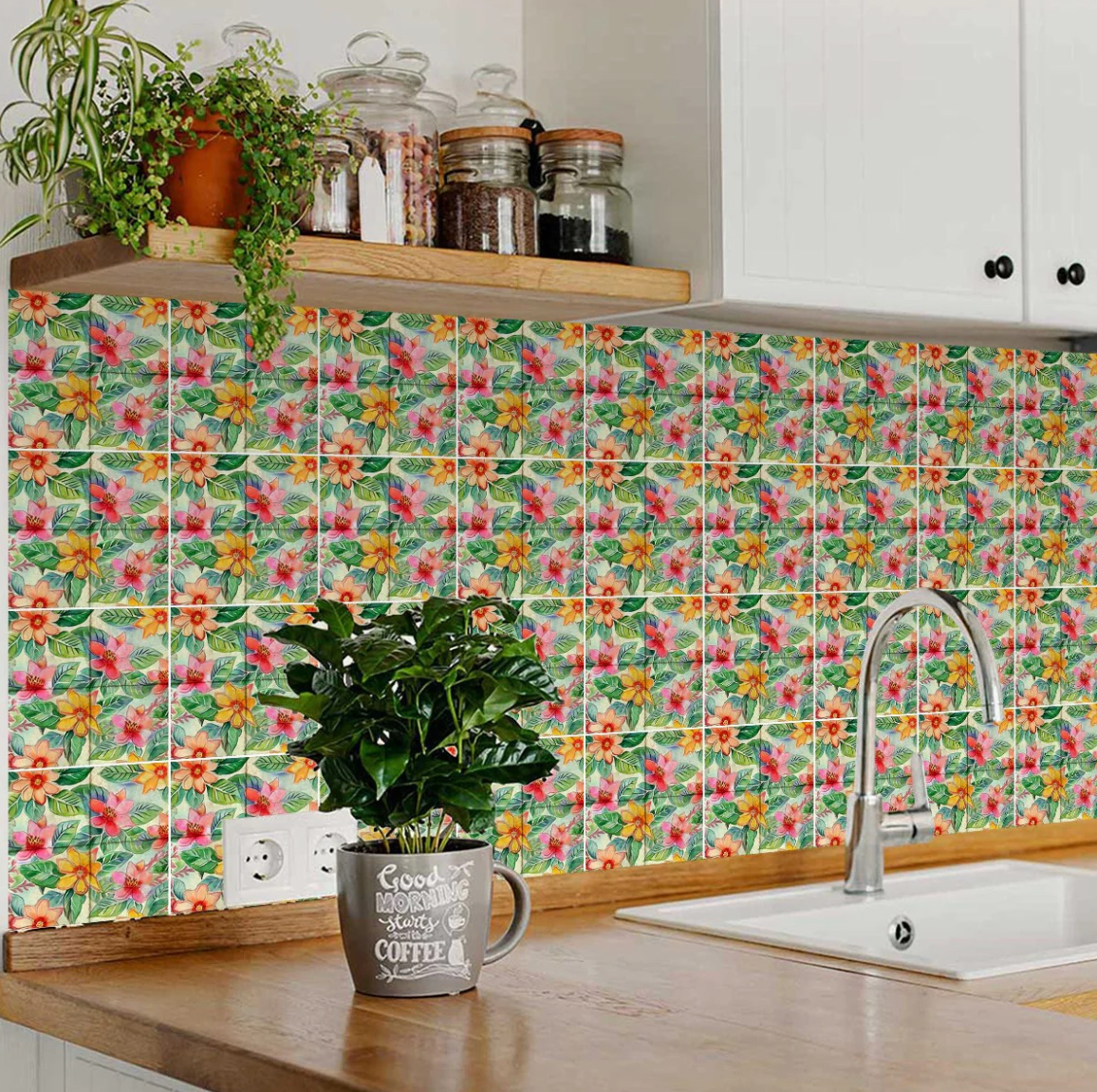 Watercolor Tropical Floral Peel & Stick Vinyl Tiles (24 Tiles/Set)